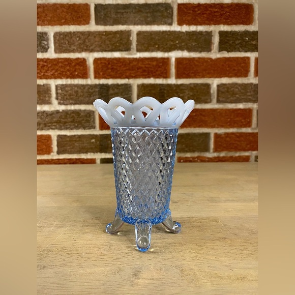 Vtg Imperial Glass Blue Vase Diamond Point 1930 Katy Opalescent Open Lace Edge - Picture 2 of 8